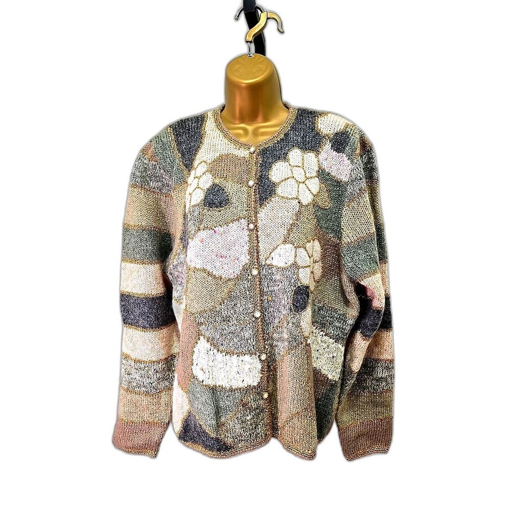 Vintage Wool Blend Floral Cardigan Sweater Med Gray Pink Gold Artsy Cottage Cozy